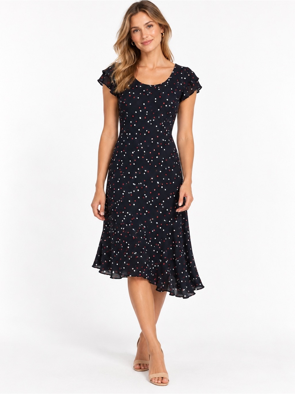 Women’s Navy Polka Dot Midi Dress - Classic Fit